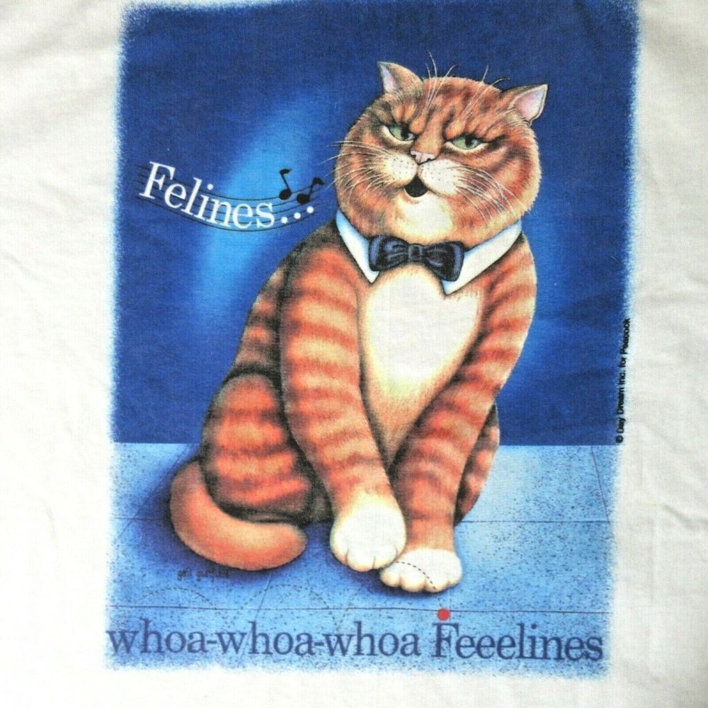 L Vtg Single Stitch Felines Singing Fat Orange Cat Shirt Day Dream Inc. Peacock